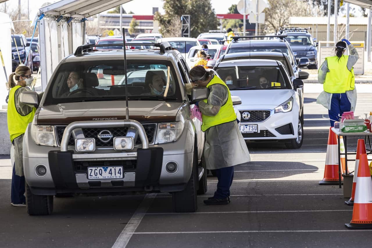drive-through testing site at Shepparton Sports Precinct in Shepparton, Victoria, Tuesday, August 24, 2021.