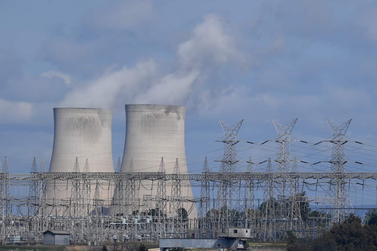 A general view of the Bayswater coal-fired power station cooling towers and electricity distribution wires in Muswellbrook, in the NSW Hunter Valley region