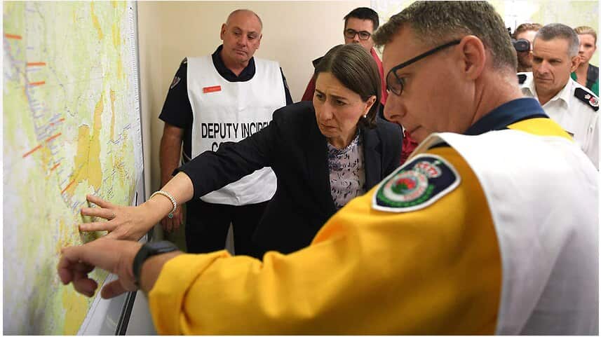 NSW Premier Gladys Berejiklian during a bushfire briefing at the Blue Mountains Fire Control Centre in Katoomba on Monday. Source: AAP