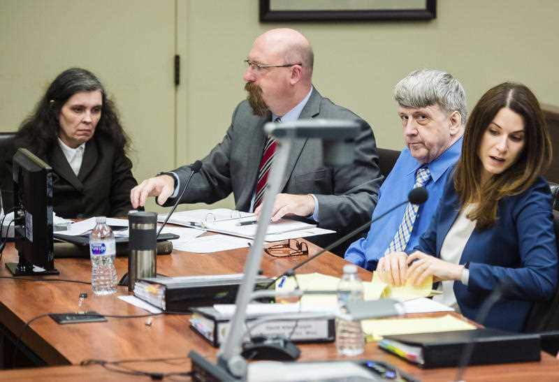 Louise Turpin, left, with her attorney Jeff Moore, and her husband, David Turpin, center, with his attorney Allison Webb, right, Wednesday, June 20, 2018,