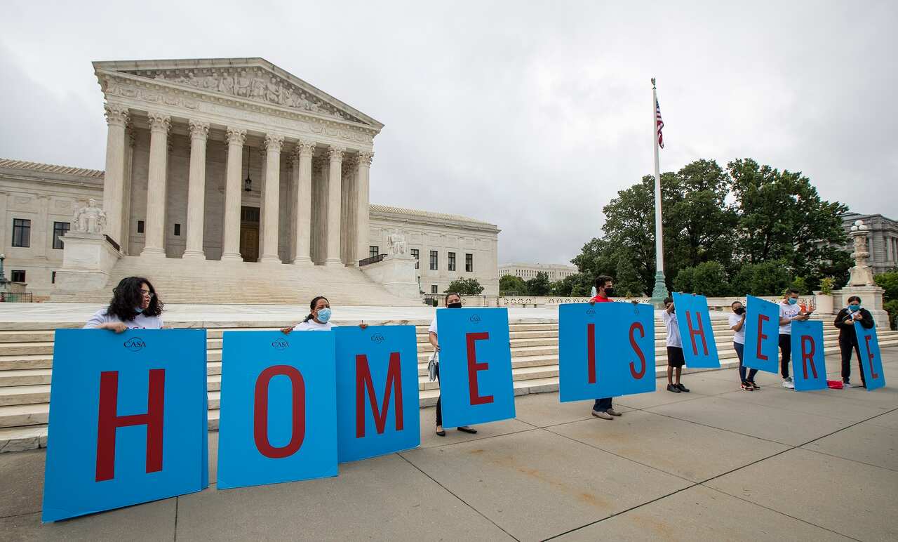 Deferred Action for Childhood Arrivals (DACA) students gather in front of the Supreme Court in Washington on 18 June, 2020.