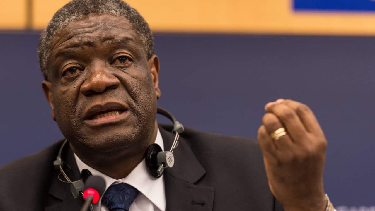 Denis Mukwege from Congo speaks to journalists in a press conference after receiving the Sakharov Prize for Freedom at the European Parliament in 2014.