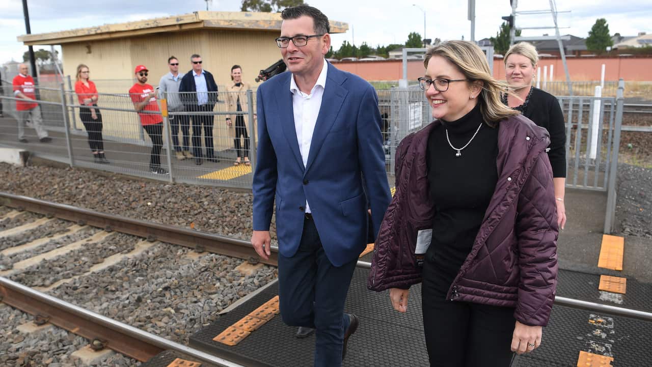 Victorian Premier Daniel Andrew and transport minster Jacinta Allen are seen at Deer Park train station in Melbourne.