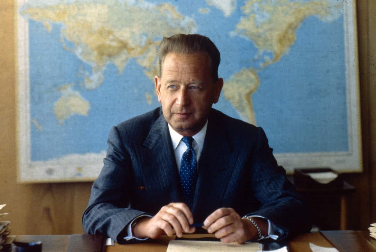Swedish politician and diplomat Dag Hammarskjold (1905 - 1961), he died in an aircrash in Zambia while Secretary General of the United Nations.