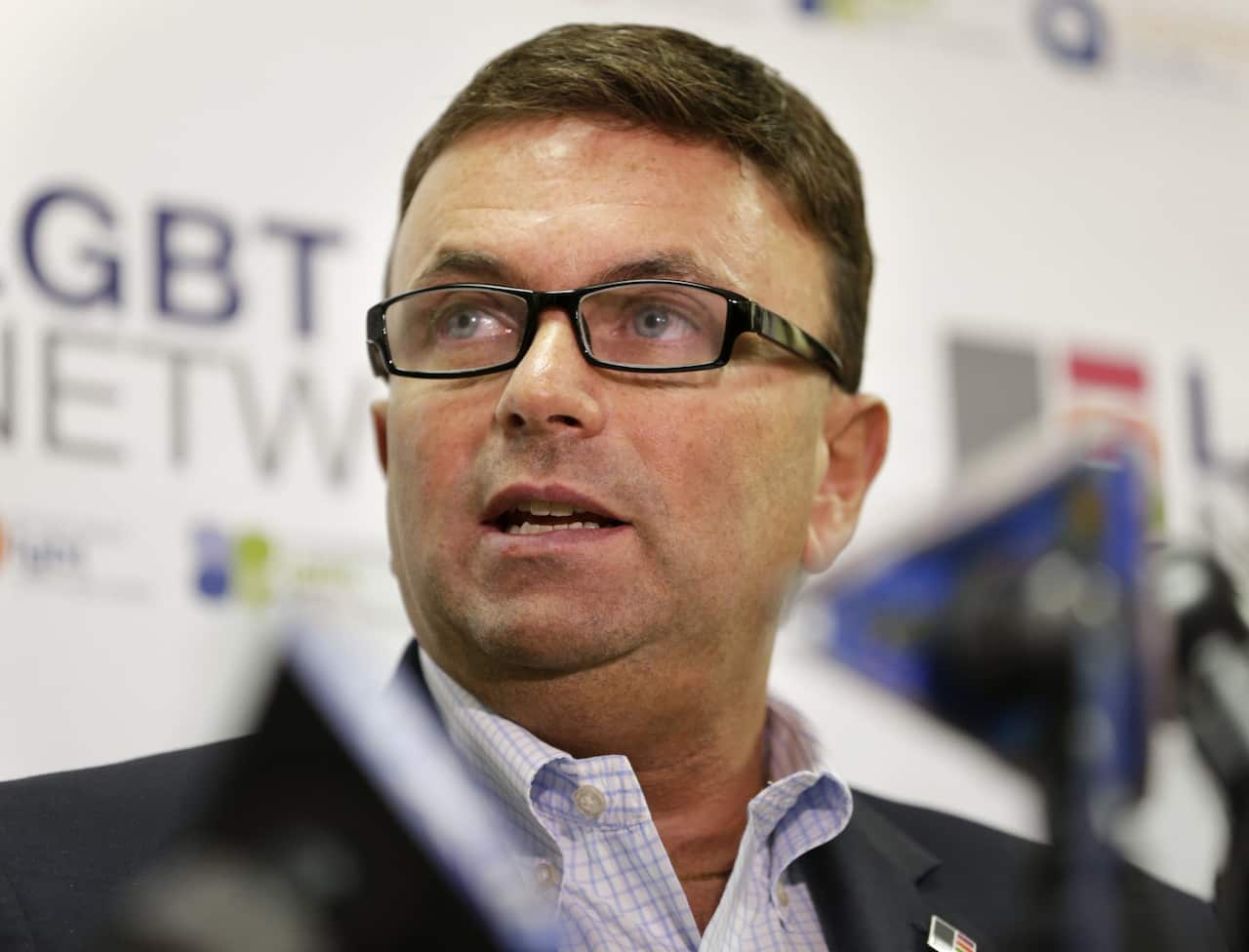 David Kilmnick, CEO of LGBT Network, speaking at a news conference at the LGBT Network offices in Woodbury, New York.