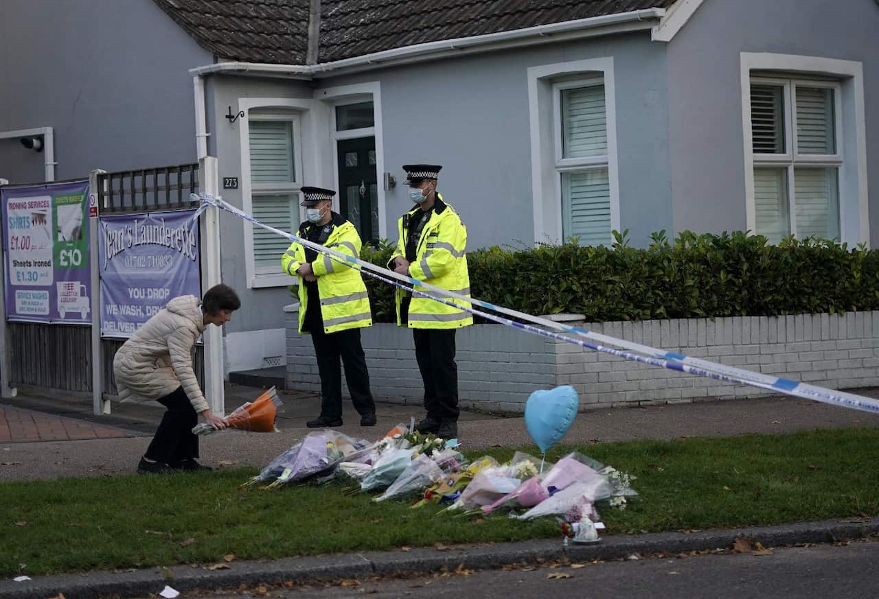 Tributes for David Amess are placed near the Belfairs Methodist Church in Eastwood Road North, in Leigh-on-Sea, Essex, England. 