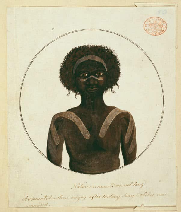 Drawing 41 from the Watling Collection titled 'Native name Ben-nel-long, as painted when angry after Botany Bay Colebee was wounded', by Port Jackson Painter.