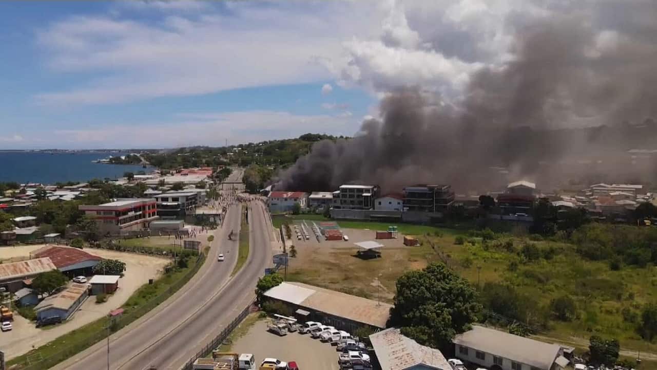 Buldings on fire in the Solomon Islands' capital, Honiara