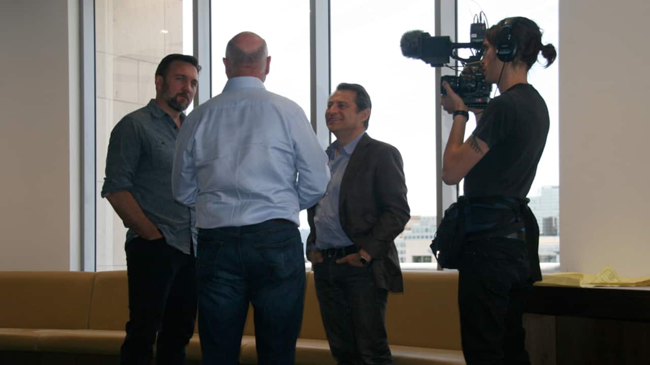 Josh (left) interviews Dr Peter Diamandis (facing) and Craig Venter from Human Longevity Inc.