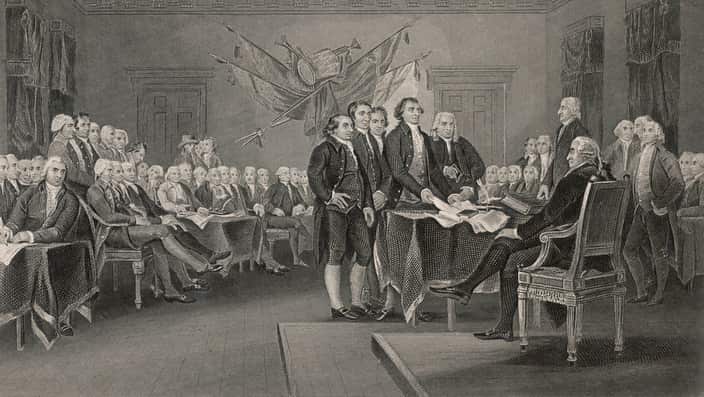 The signing of the Declaration of Independence on 4 July 1776.