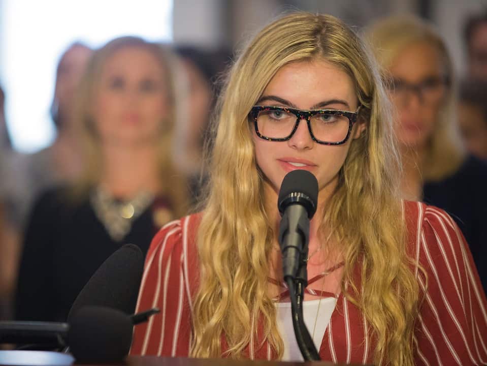 Marjory Stoneman Douglas High School student Delaney Tarr speaks at a press conference in the Florida state Capitol in Tallahassee.