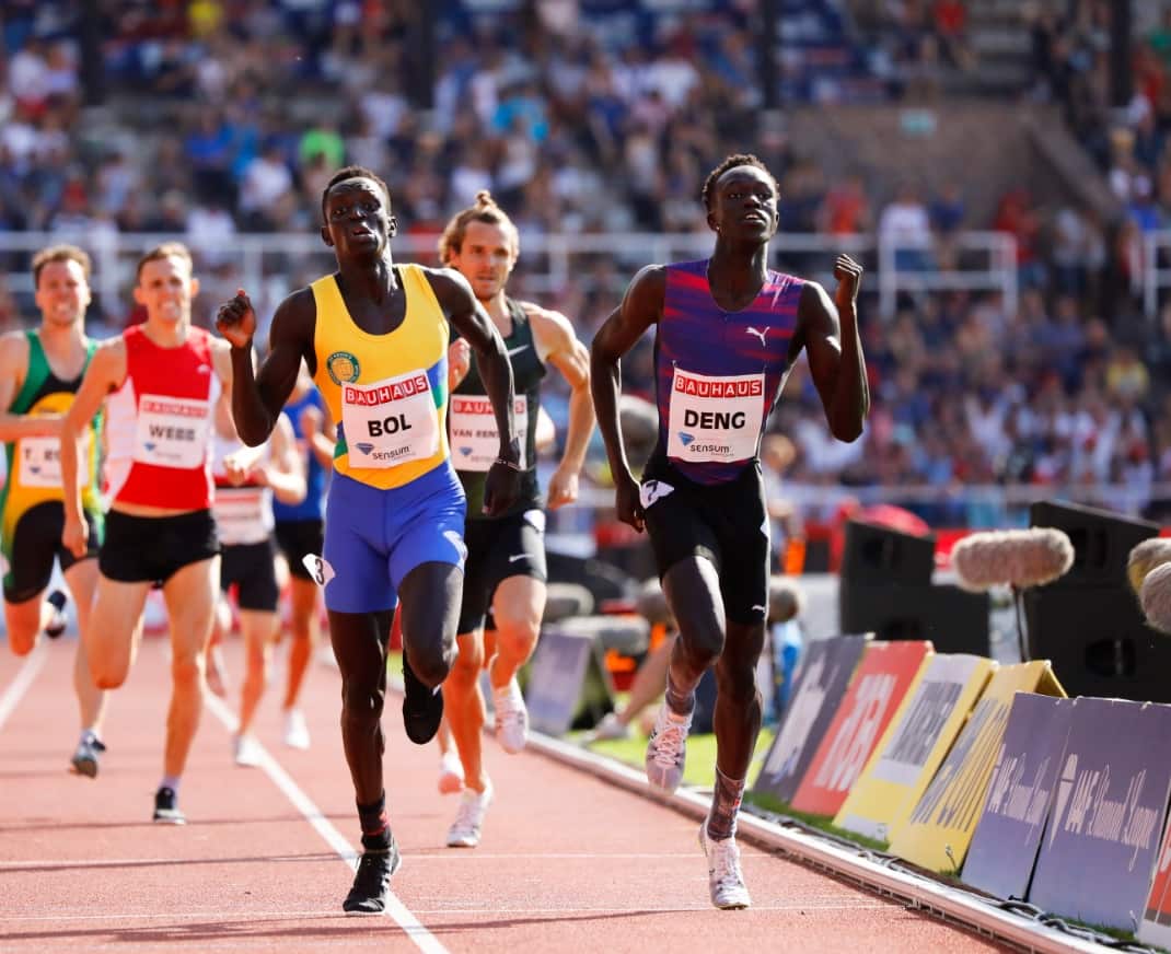 Joseph Deng (R) and Peter Bol (L) of Australia running in the men's 800m race at the IAAF Diamond League 2018.
