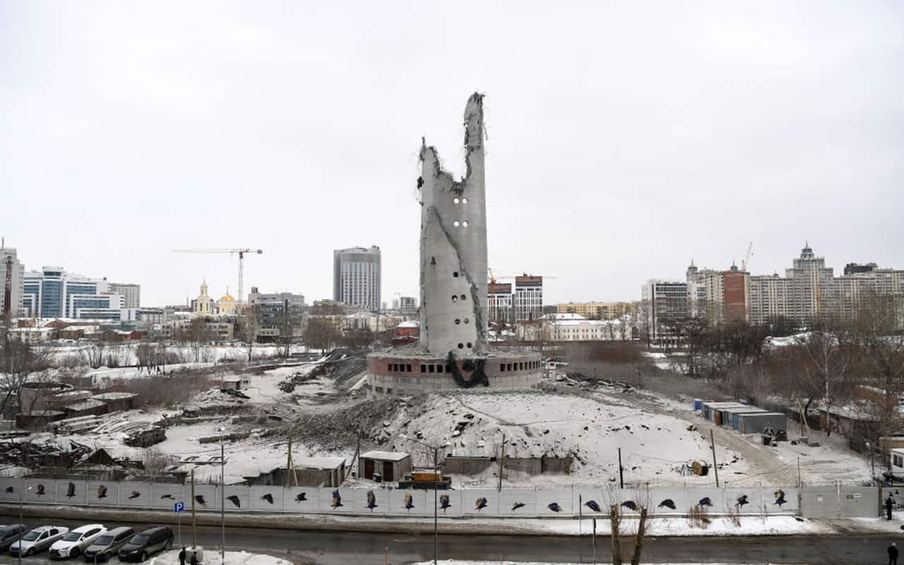 A view of the bottom part of an abandoned TV tower left after demolition.