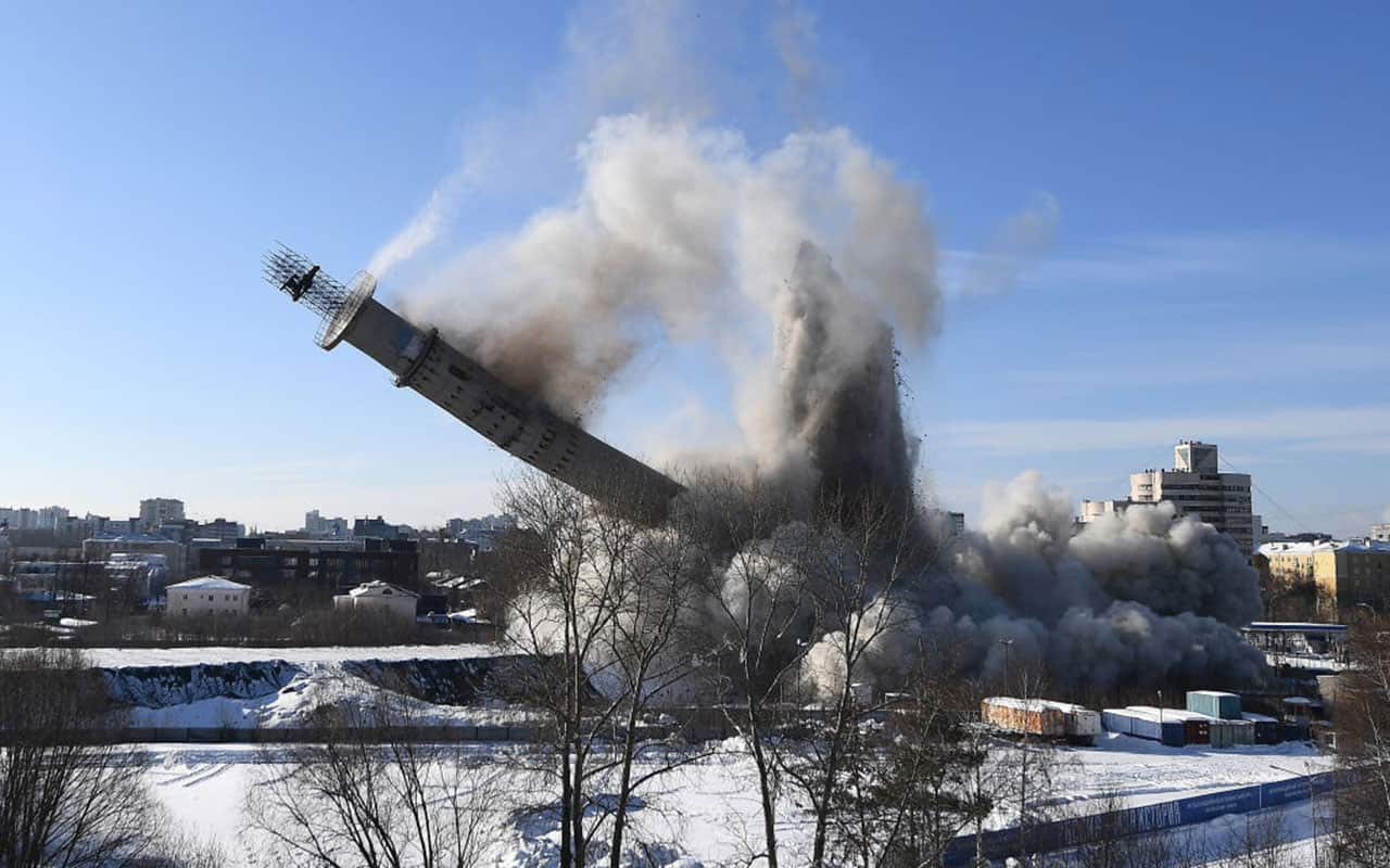 The abandoned TV tower being demolished in Yekaterinburg.