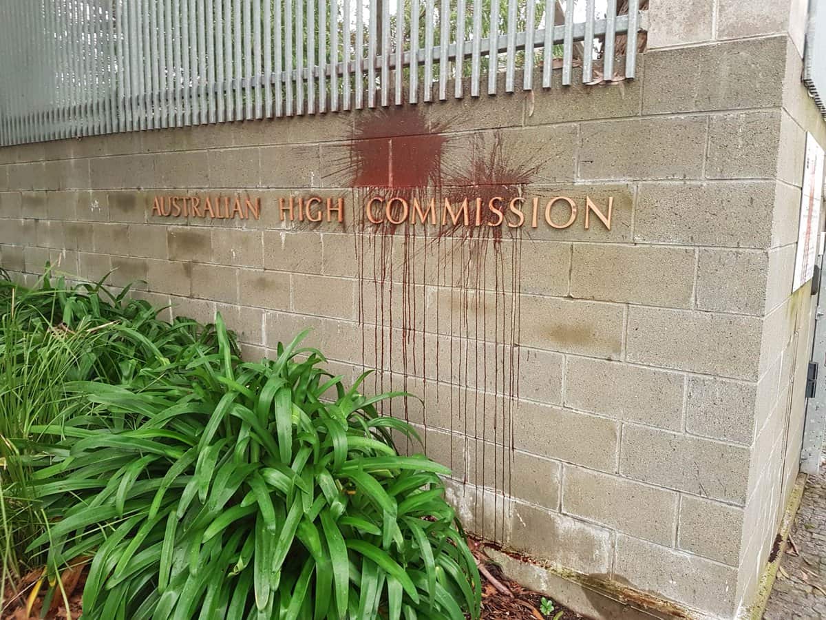 Australian High Commission in Wellington targeted by a red substance after the death of a refugee on Manus Island's detention centre.
