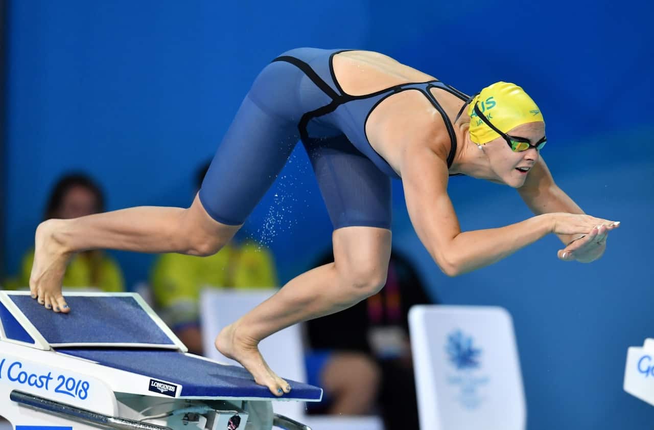 Shayna Jack of Australia in action during the final of the womens 100 metre Freestyle on day four of the swimming competition at the XXI Commonwealth Games