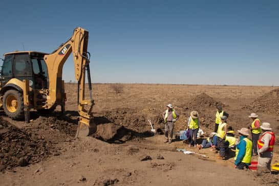 A dig crew in 2015 watch as a council worker excavates the site.