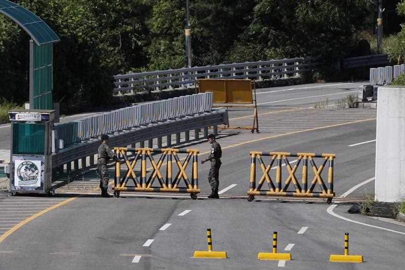 South Korean soldiers at a barricade at the Military Demarcation Line (MDL) near the demilitarized zone (DMZ).
