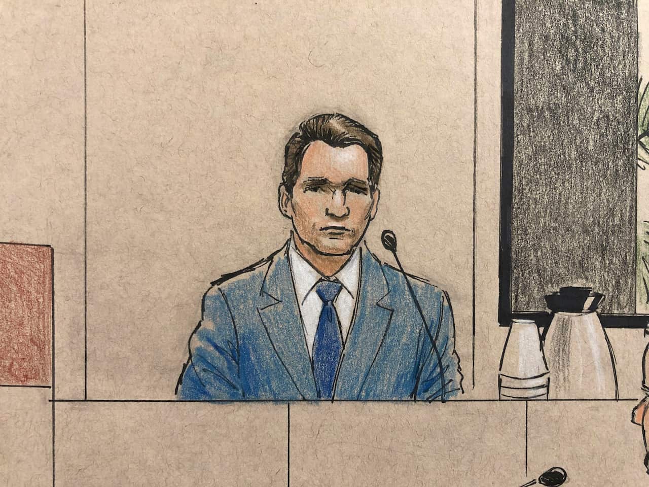 This courtroom sketch provided by Cedric Hohnstadt depicts prosecution witness Don Damond, Justine Damond Ruszczyk 's fiance in Minneapolis in 2019.