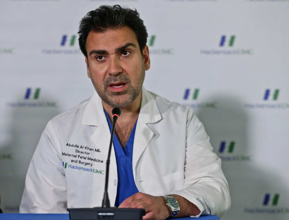 Dr Abdulla Al-Khan, director of the Center for Abnormal Placentation, speaks during a news conference at the Hackensack University (AAP)