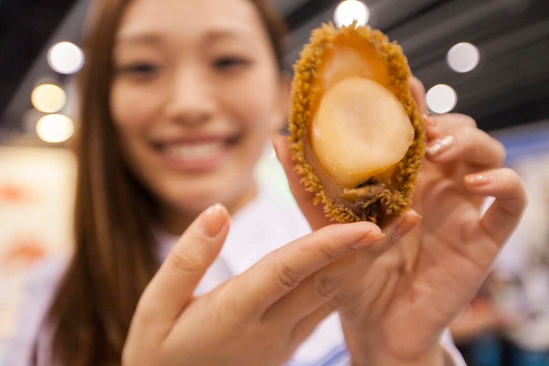 A young woman holds up a dried Australian abalone at a Hong Kong seafood festival. 