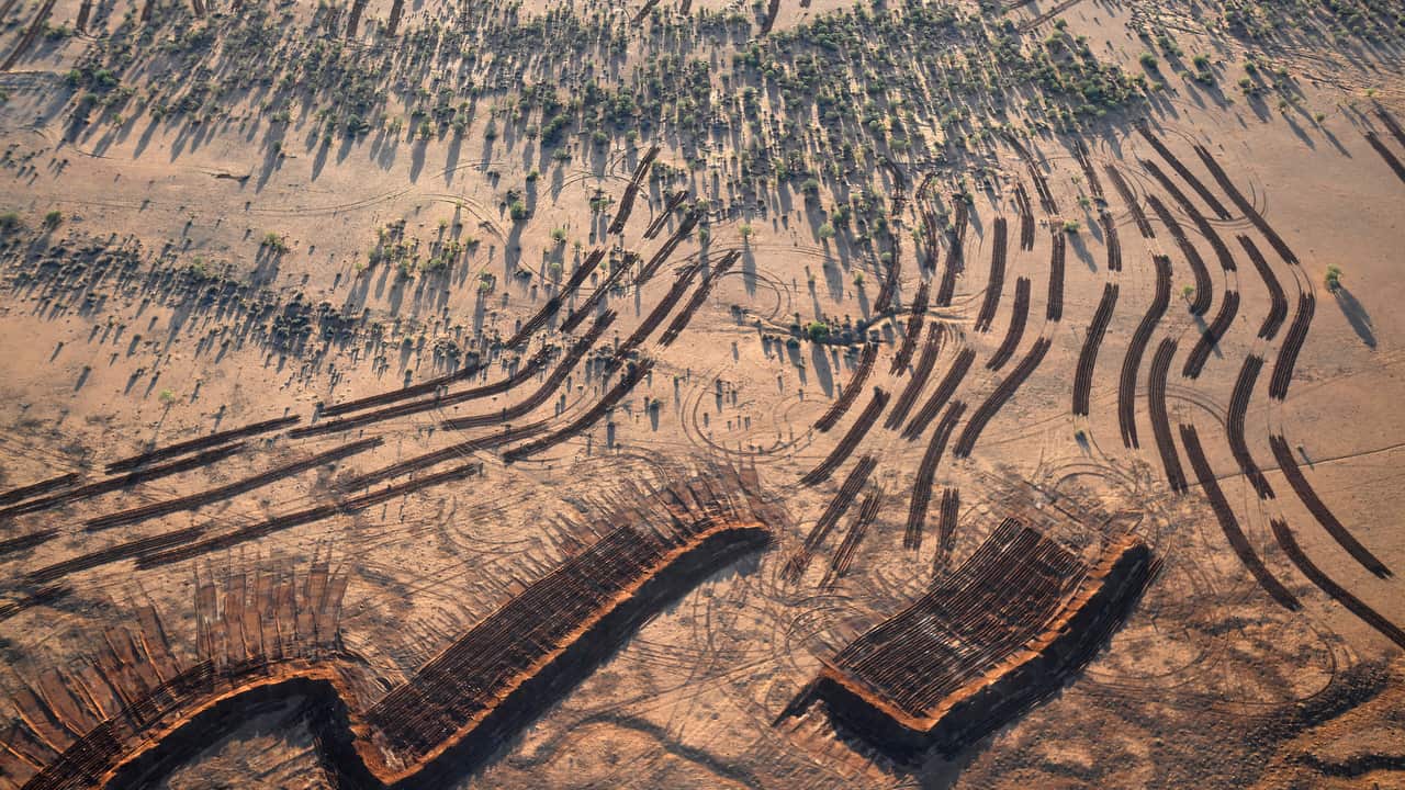 Aerial view of near the town of Whitecliffs, New South Wales, showing the earth works in preparation for flood mitigation.