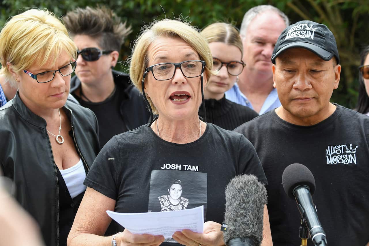 Julie Tam addresses the media outside the coroner's court.