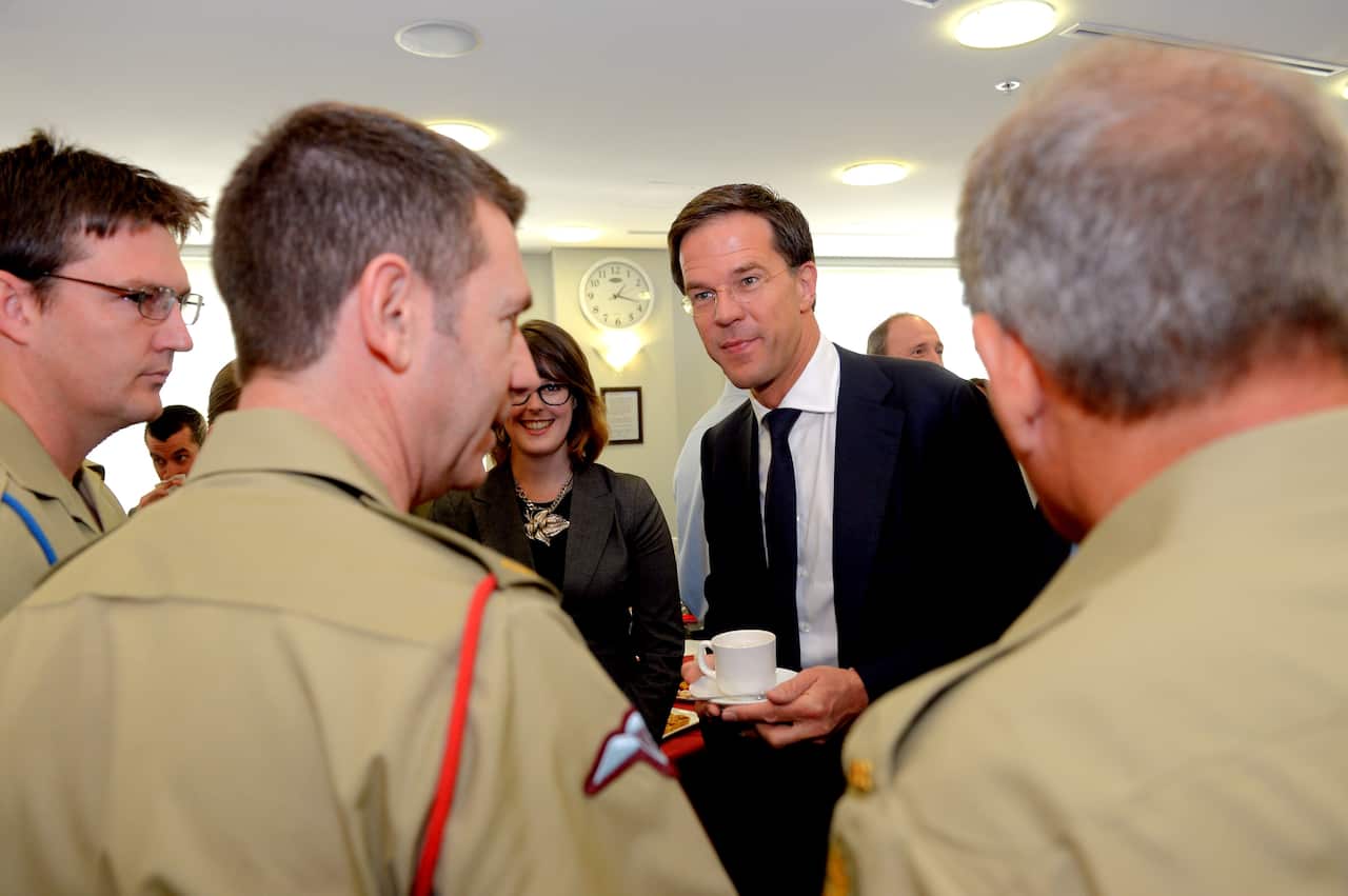 Dutch Prime Minister Mark Rutte speaks to defence personnel in Canberra on Friday.