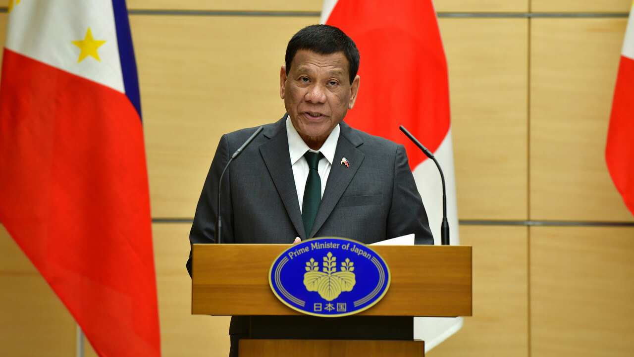 Philippines' President Rodrigo Duterte delivers a speech during a joint press statement with Japan's Prime Minister Shinzo Abe.