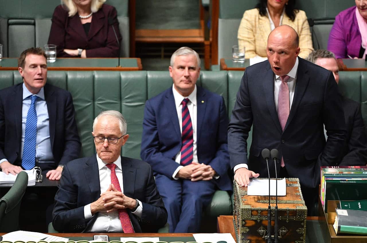 Prime Minister Malcolm Turnbull and Minister for Home Affairs Peter Dutton during Question Time in the House of Representatives at Parliament House