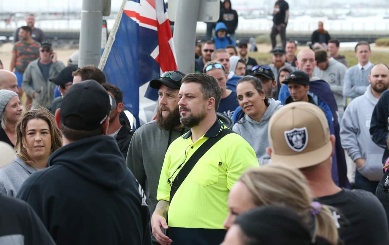 Far right wing activists Neil Erikson (centre) is seen on St Kilda foreshore in Melbourne, Saturday, January 5, 2019.