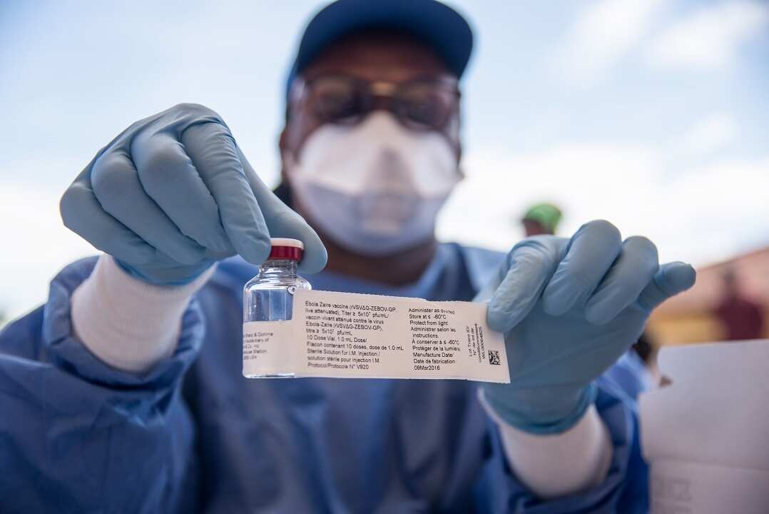A nurse working with the World Health Organization (WHO) shows a bottle containing Ebola vaccine.