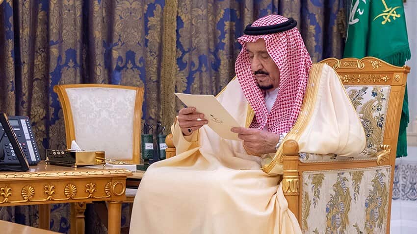  A handout photo made available by the Saudi Royal Court shows Saudi King Salman bin Abdulaziz checking documents as he receives new Saudi ambassadors to Ukraine and Uruguay, in Riyadh, Saudi Arabia, 08 March 2020.