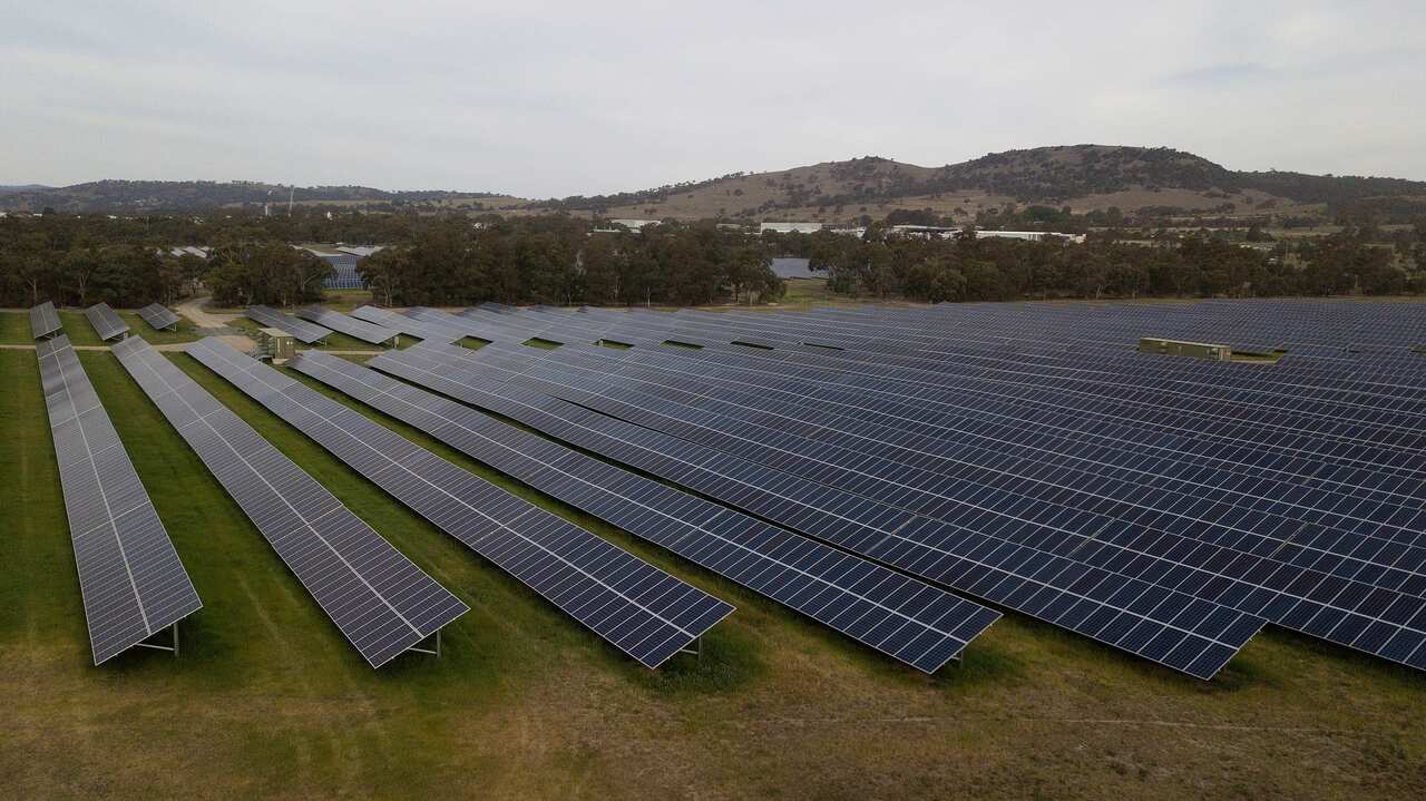 An aerial view of Mugga Lane Solar Park, 16km south of Canberra, Wednesday, October 30, 2019. (AAP Image/Mick Tsikas) NO ARCHIVING