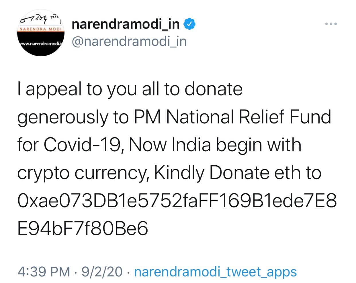 A now deleted tweet sent from Modi's account.