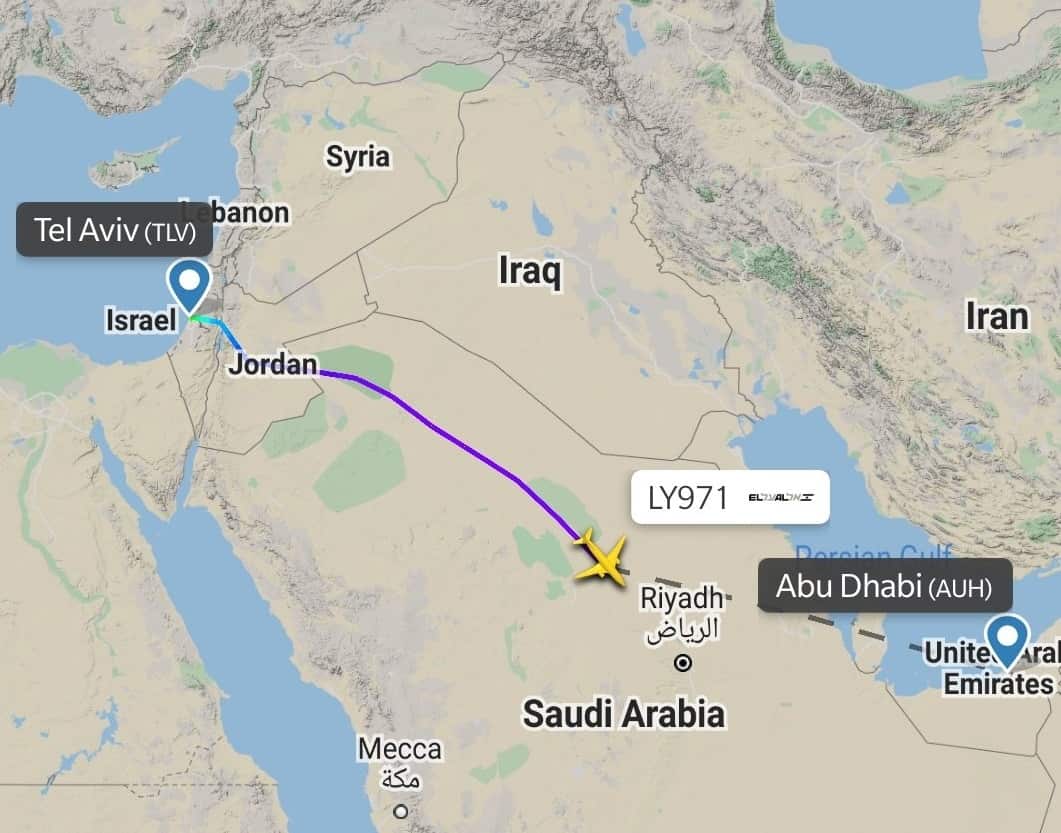 The flight path of El Al 971 travelling through Saudi Arabia.