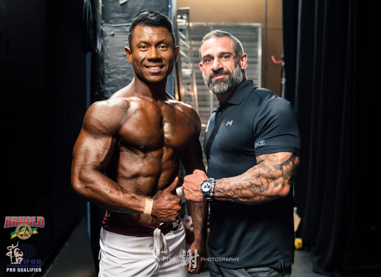 Ek Khammountry with his bodybuilding coach Chris Thomas at the NSW Arnold State Qualifiers.
