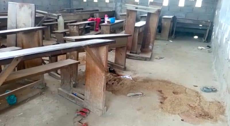 An empty clasroom is seen following a shooting at a school in Kumba, Cameroon on 24 October, 2020 in this screen grab obtained from a social media video.