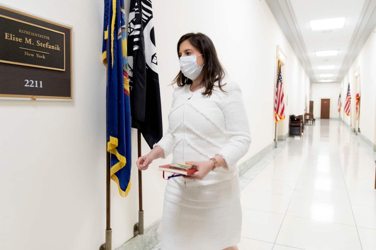 Republican Representative from New York Elise Stefanik walks to her office on Capitol Hill, in Washington, DC.