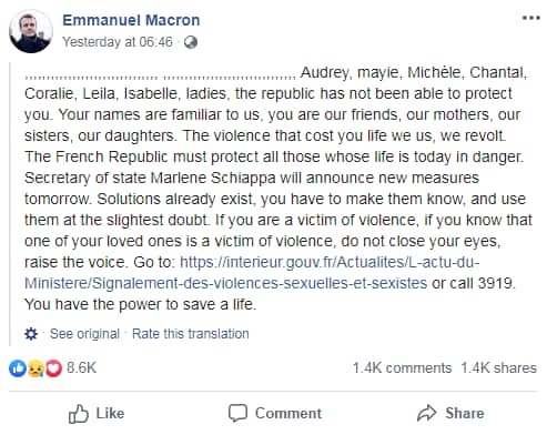 SCREENSHOT: Facebook post of French President Emmanuel Macron in support of saving women from domestic violence.