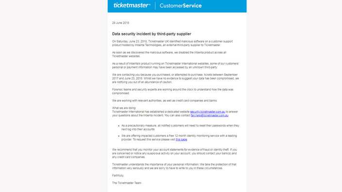 The email sent to Australian customers as a precautionary measure. 