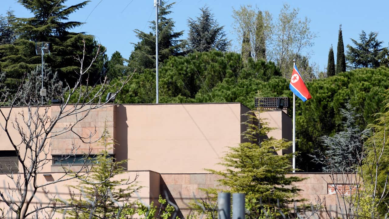 An outside view of the Embassy of North Korea building in Madrid, Spain.