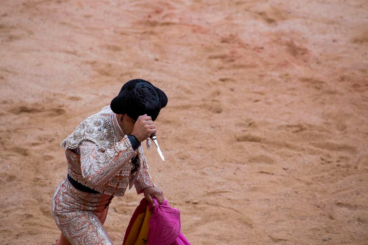 A matador prepares to deal the final blow to a bull during a bullfight. 