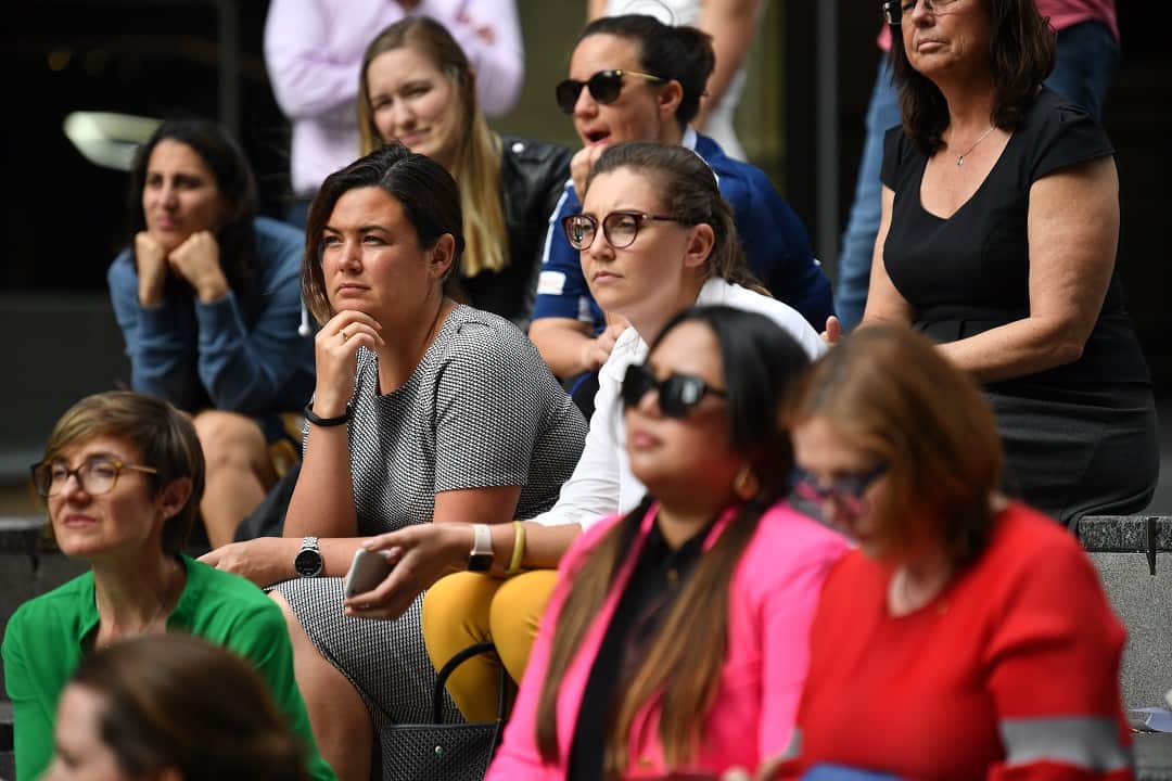 Protesters are seen at the Walkout/OZ rally for Women's Financial Security Martin Place in Sydney, Wednesday, December 5, 2018. (AAP Image/Brendan Esposito) NO ARCHIVING