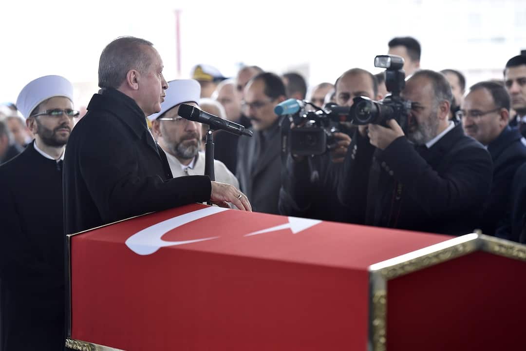 The Turkish President attends the funeral of Musa Ozalkan, a Turkish soldier killed in cross-border clashes with Kurdish Popular Protection Units (YPG) forces.