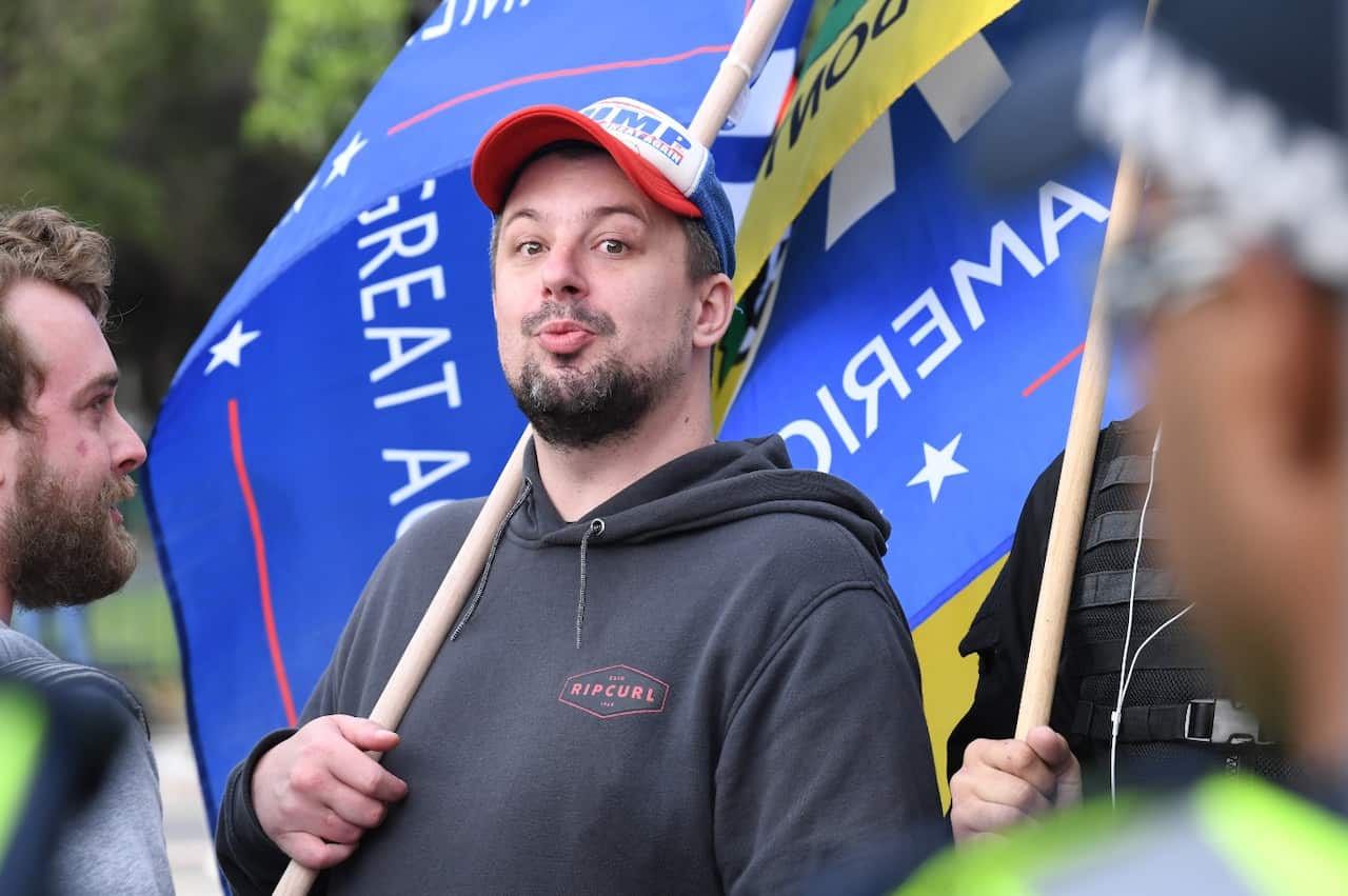 Neil Erikson, a far right public figure is seen during a demonstration outside Milo Yiannopoulos's sold out show (AAP)