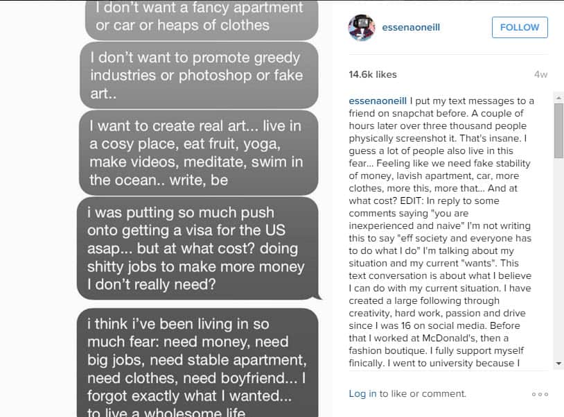 Essena O'Neill, Instagram post.