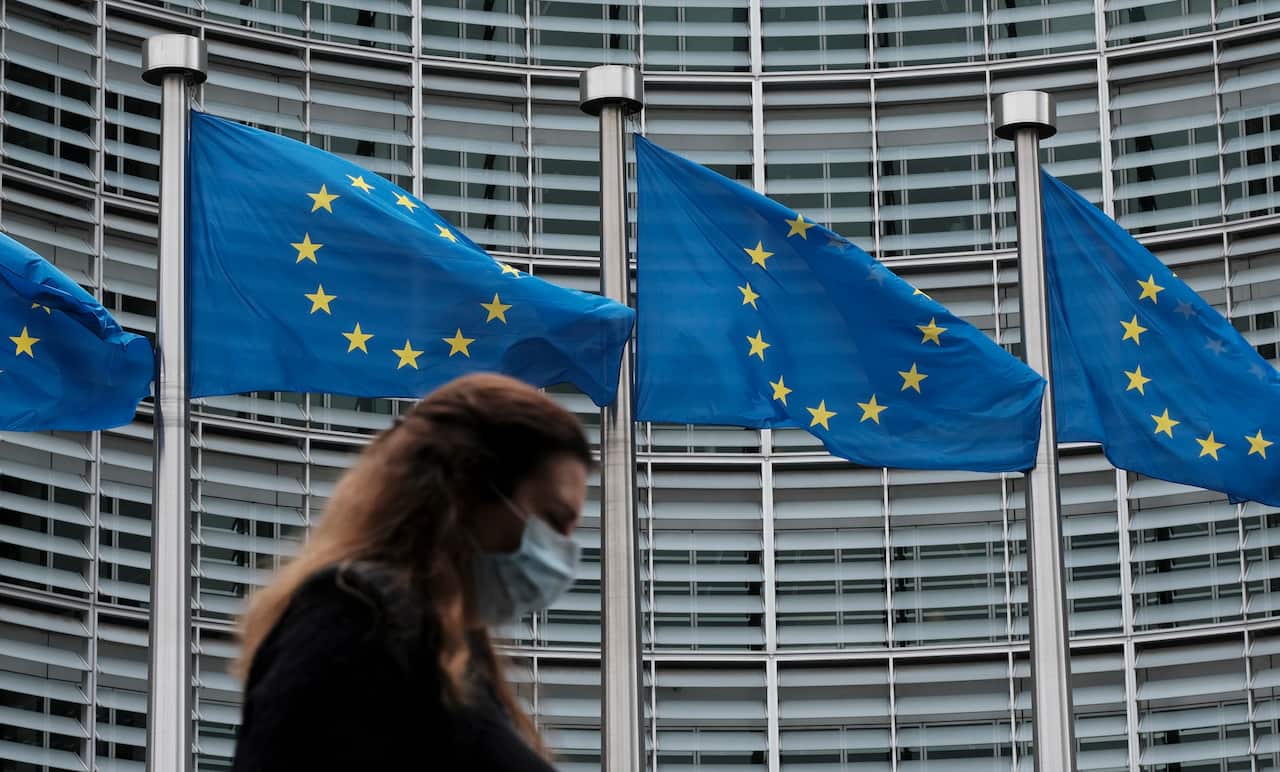 Europen Union flags at the European Commission headquarters in Brussels, Belgium.