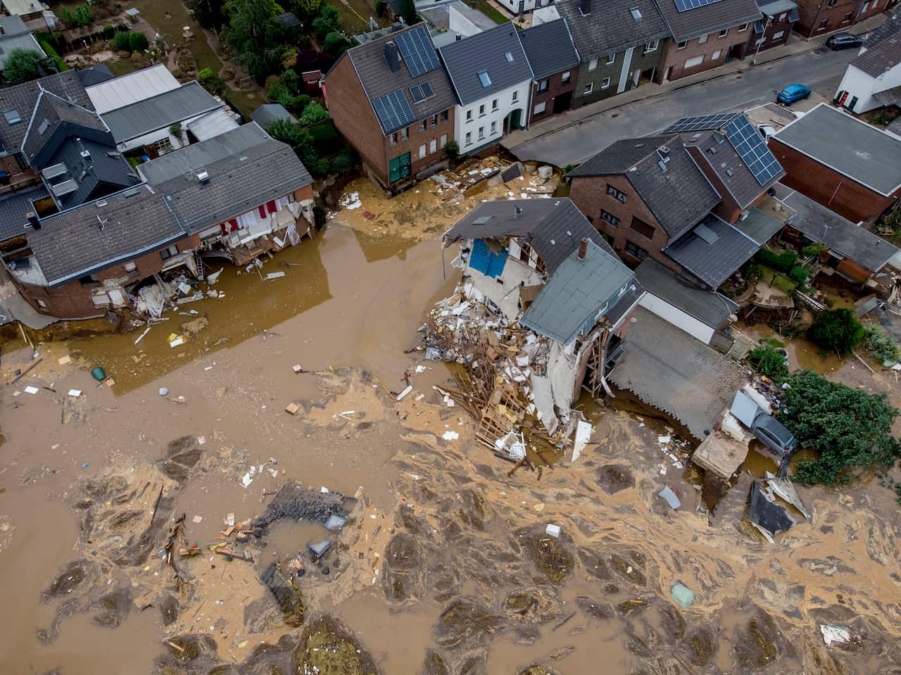 Destroyed houses in Erftstadt-Blessem, Germany on 17 July 2021.  