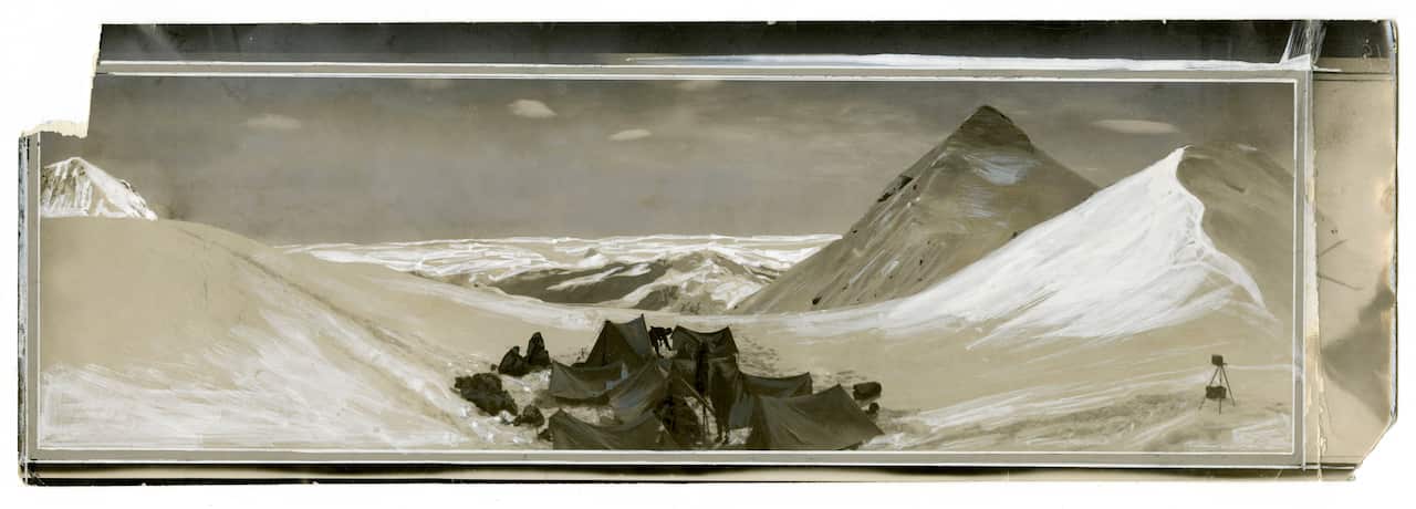 Members of the 1922 expedition, shown camped at 22,500 feet. Two of them climbed to just above 27,000 feet — using bottled oxygen — the highest at that time.